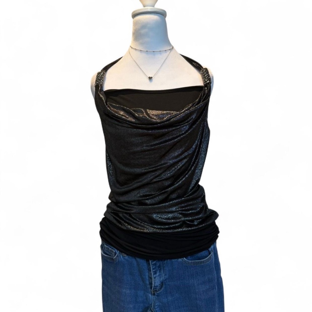 True vintage. Studio Y Black cowl neck  y2k Women Top with sparkly silver detail
